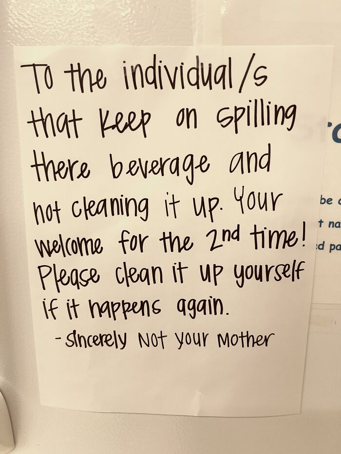 A passive-aggressive note about spilled beverage not being cleaned up, a hilarious and infuriating petty people note.