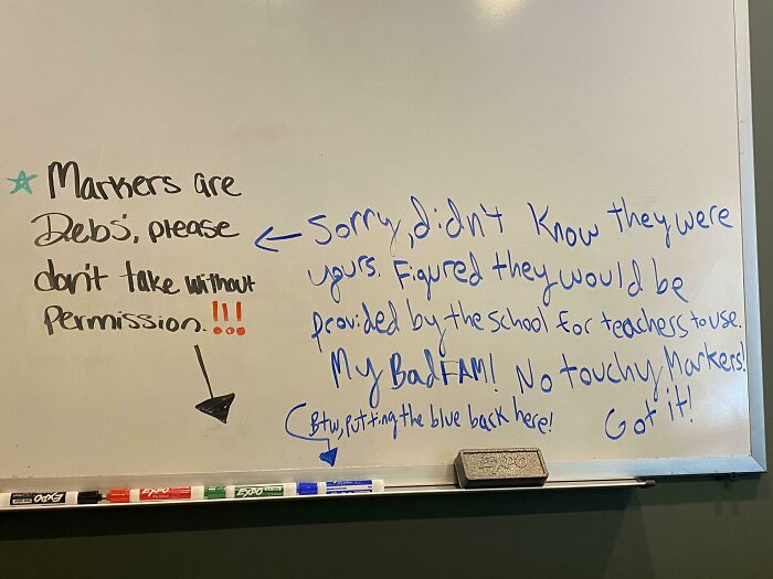 A whiteboard with a passive-aggressive note about markers and a sarcastic reply, showcasing hilarious petty people.