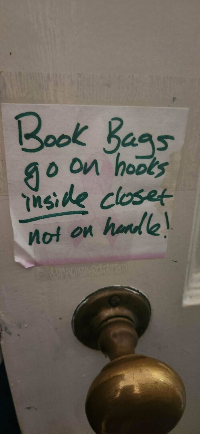 A handwritten passive-aggressive note on a door about book bags, aiming for hilarious petty people.