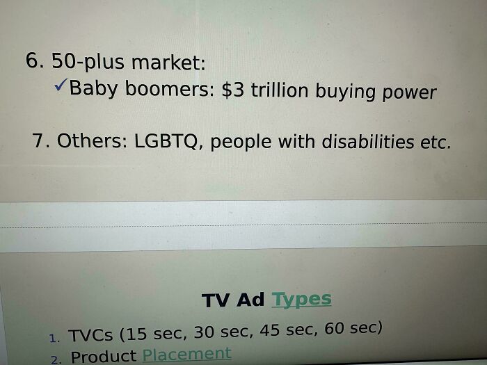 A screen displaying a list of topics for a presentation, including passive-aggressive notes about the 50-plus market and TV ad types.
