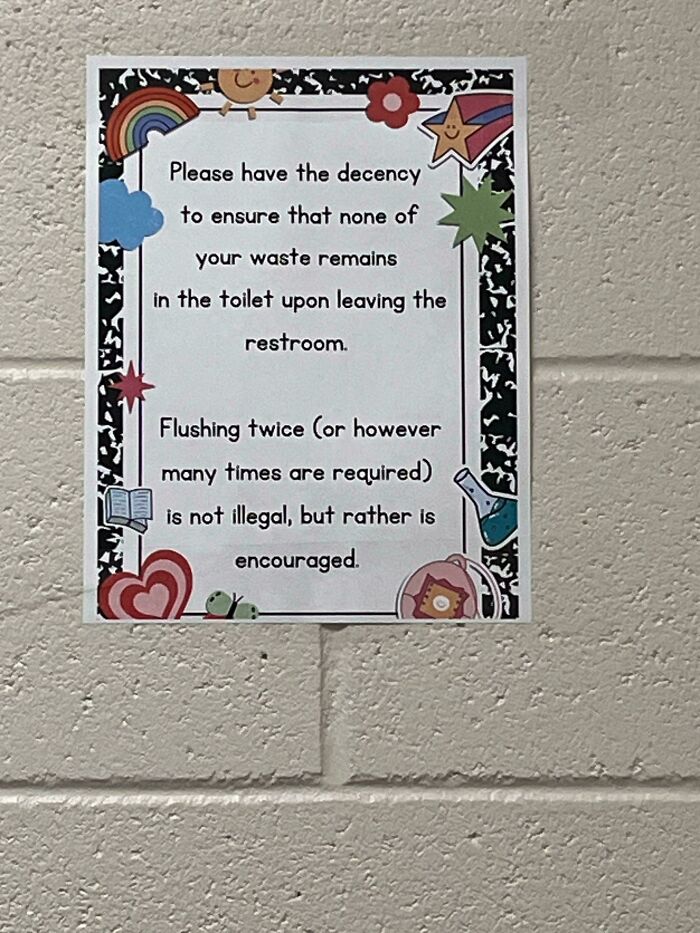 A passive-aggressive note in a decorative frame, encouraging people to flush the toilet multiple times in the restroom.
