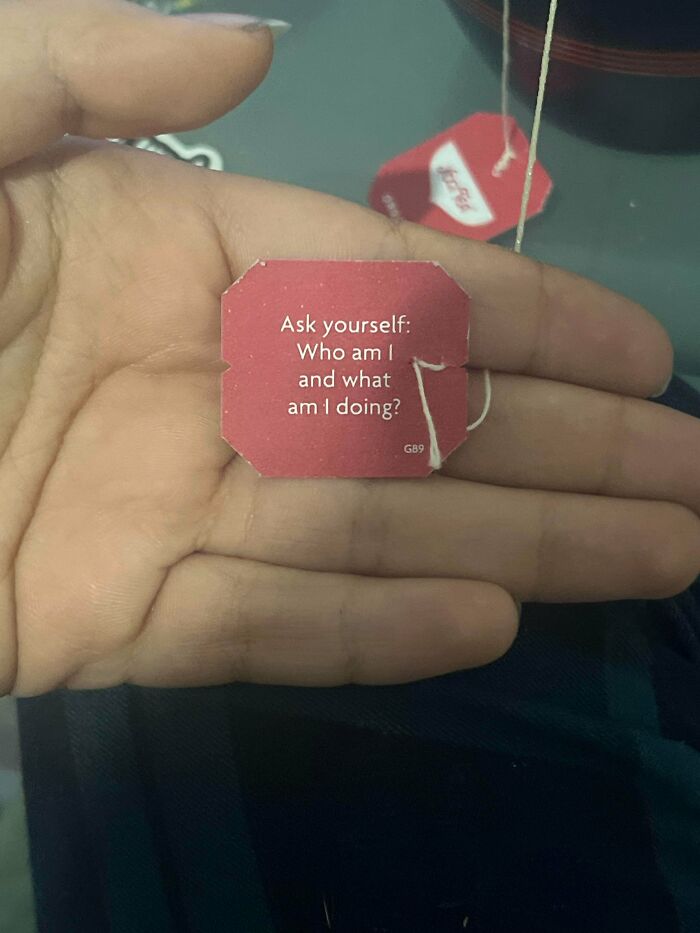 A passive-aggressive tea tag asking Who am I and what am I doing.