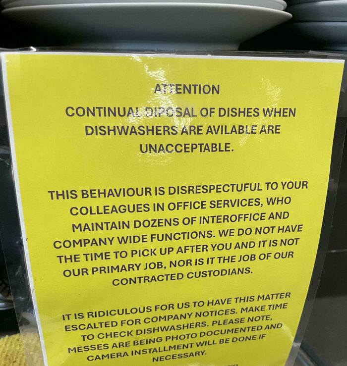 A passive-aggressive note in an office kitchen about unacceptable disposal of dishes.