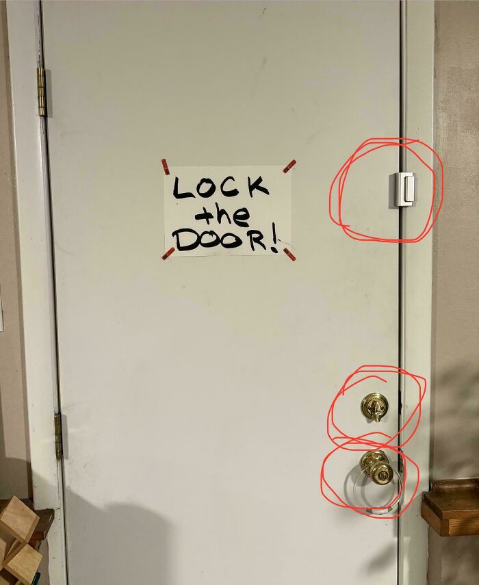 A passive-aggressive note on a door circled in red, reminding people to lock the door.