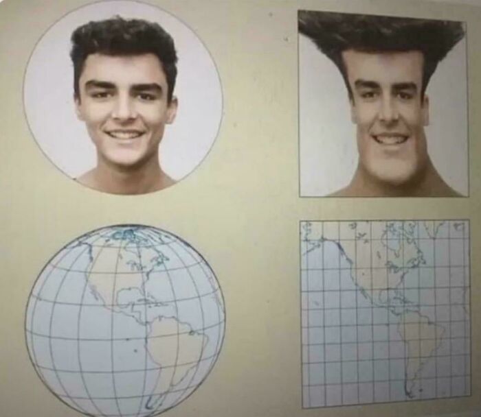 Two side-by-side images show a normal smiling face and a distorted face, paired with a globe and a flat map, weird confusing cursed images.