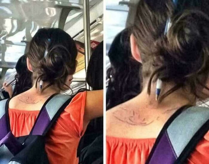 Person on a bus with a pencil seemingly stuck through their neck, a weird and confusing cursed image.