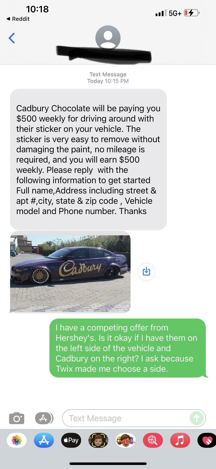 Scammers message an individual with a fake Cadbury Chocolate car wrap offer, but the person messes with the scammer.