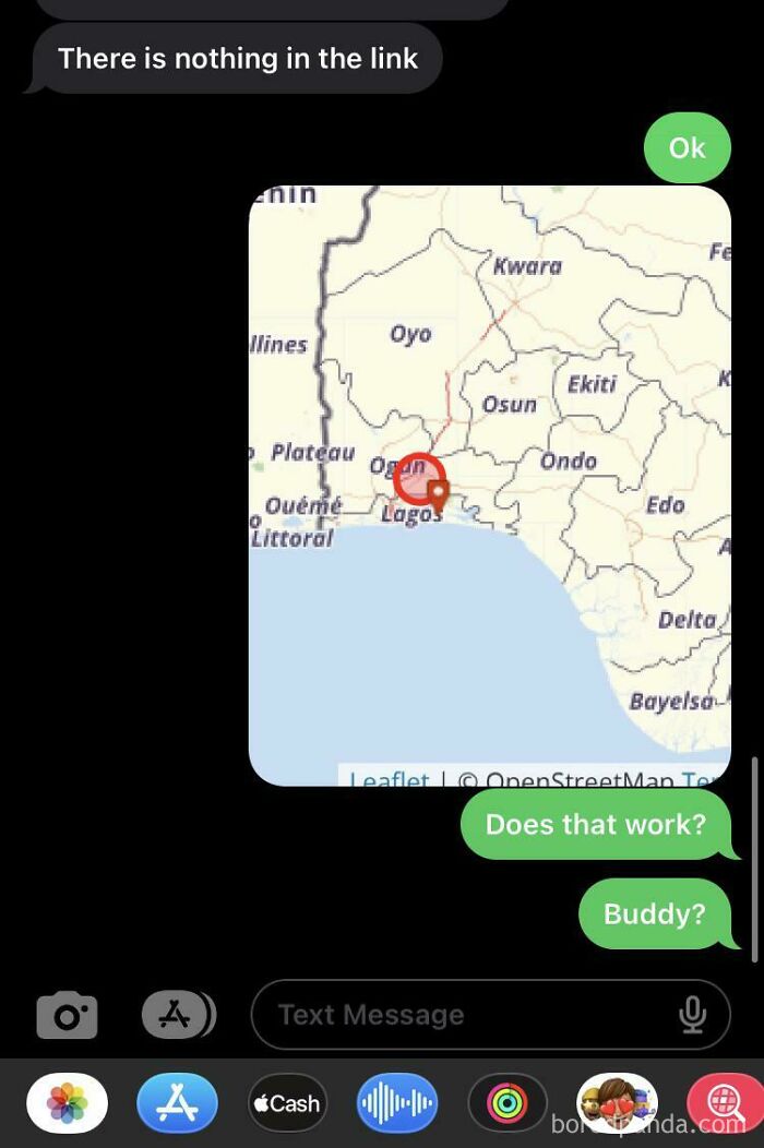 A screenshot of a text message showing a map of Lagos, Nigeria, sent to a scammer.