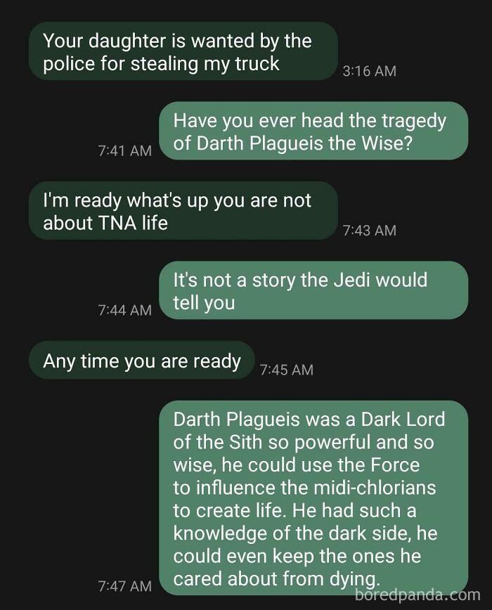 A chat displays someone messing with scammers by replying with the Darth Plagueis story, creating a hilarious rookie move.