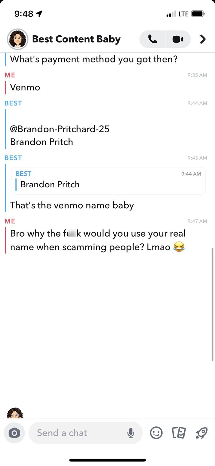 A Snapchat conversation, revealing a scammer's rookie mistake of using their real name, exposing the scam.