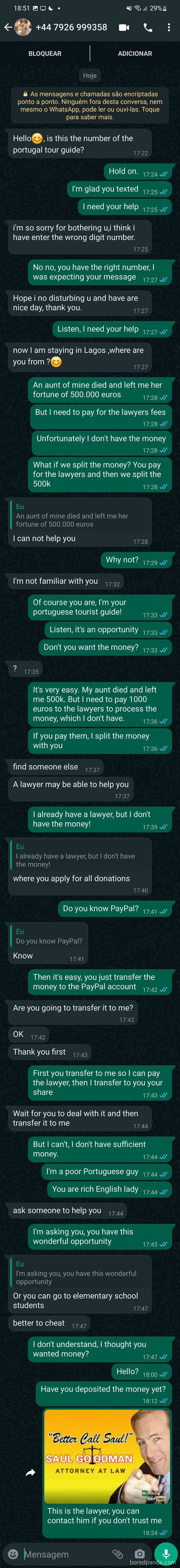 A lengthy WhatsApp chat, showing a scammer's long conversation and rookie attempt to scam money.