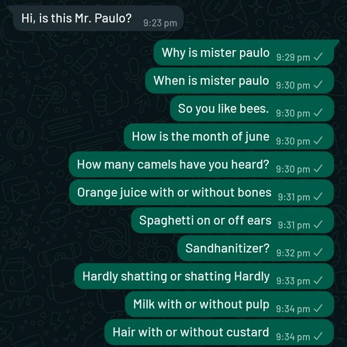 A screenshot of a WhatsApp chat where a scammer receives nonsensical questions as replies.