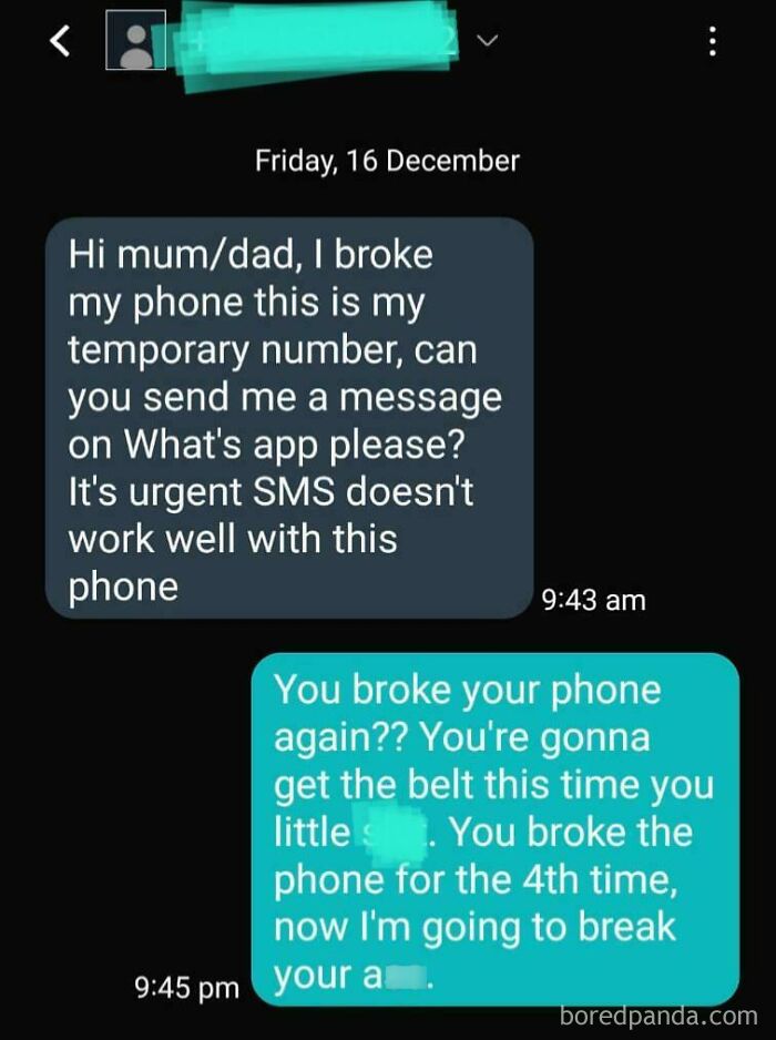 A screenshot of a text message exchange where a scammer pretends to be a child who broke their phone.