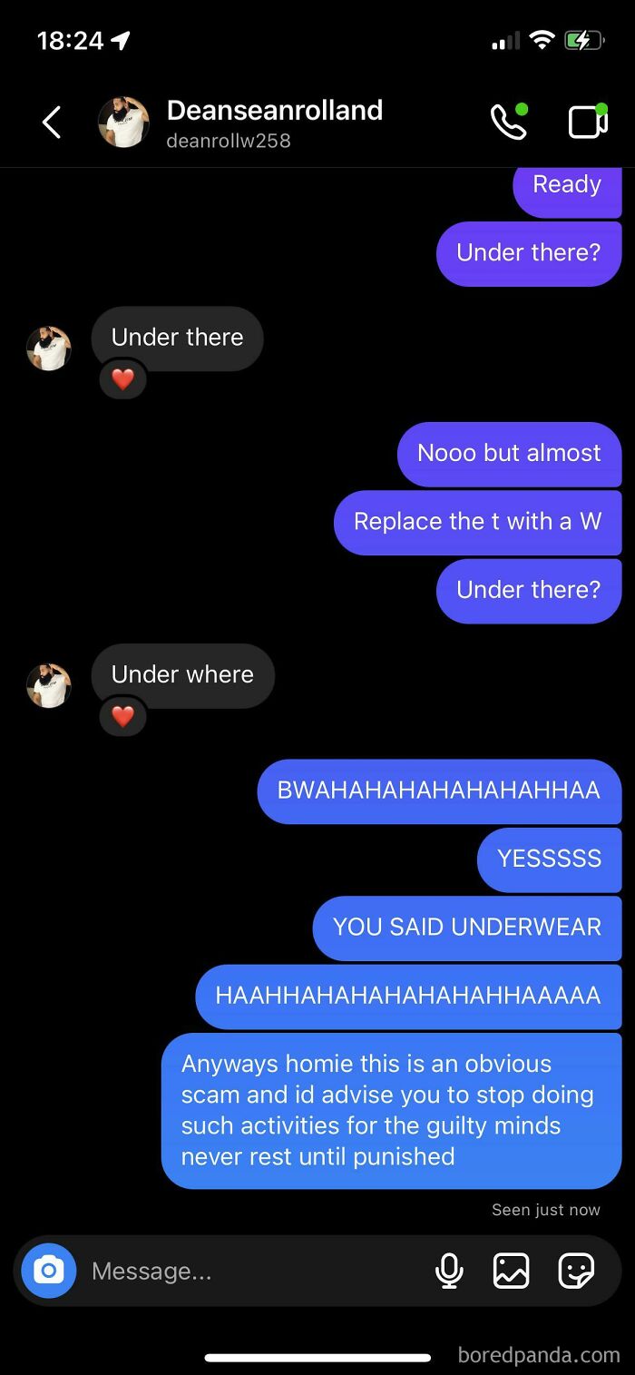 Scammer's rookie move exposed in a funny chat about 'underwear,' highlighting how they messed with the wrong person.
