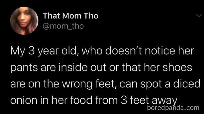 A Twitter post from That Mom Tho, sharing a funny kid moment: her 3-year-old can spot an onion 3 feet away.