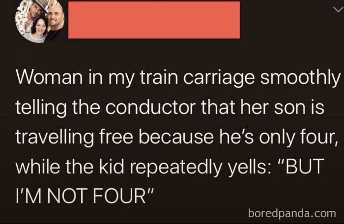 A screenshot of a social media post about a kid doing something dumb and funny, yelling "BUT I'M NOT FOUR."