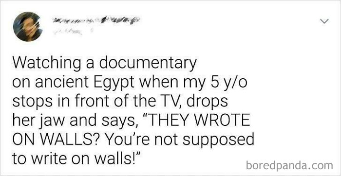 A parent sharing a funny kid moment, their 5 y/o reacting to ancient Egypt hieroglyphs, showing dumb kid humor.