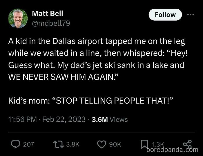A funny kid story from Matt Bell's tweet where a kid shares a dumb family secret, highlighting funny parenting moments.