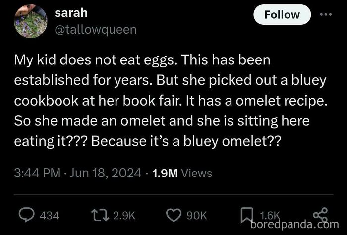 A funny tweet from a parent about their kid eating an omelet for the first time because it's a Bluey omelet.