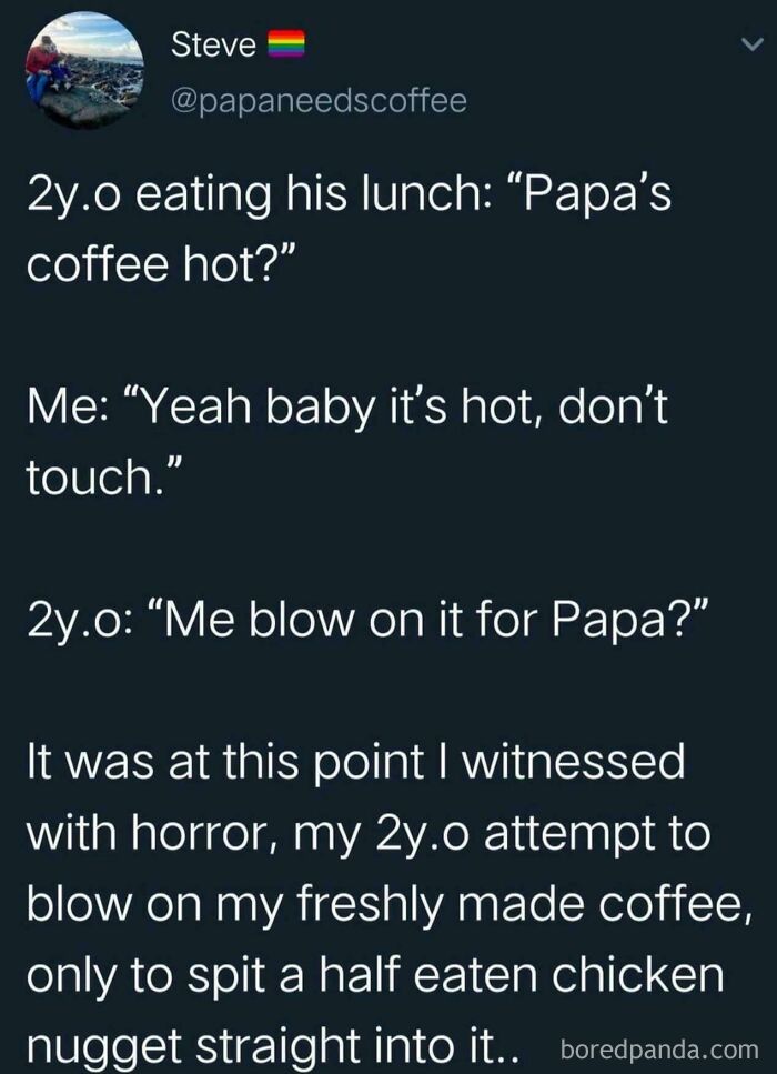 A tweet about a kid doing something so dumb and funny, spitting a chicken nugget into coffee.