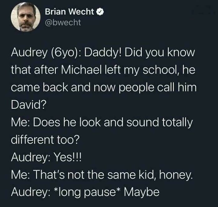 A funny tweet about a kid thinking two different Michaels are the same, showcasing dumb and funny kid moments.