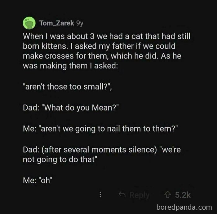 A screenshot of a funny kid story from Boredpanda.com where a child misunderstands making crosses for kittens.