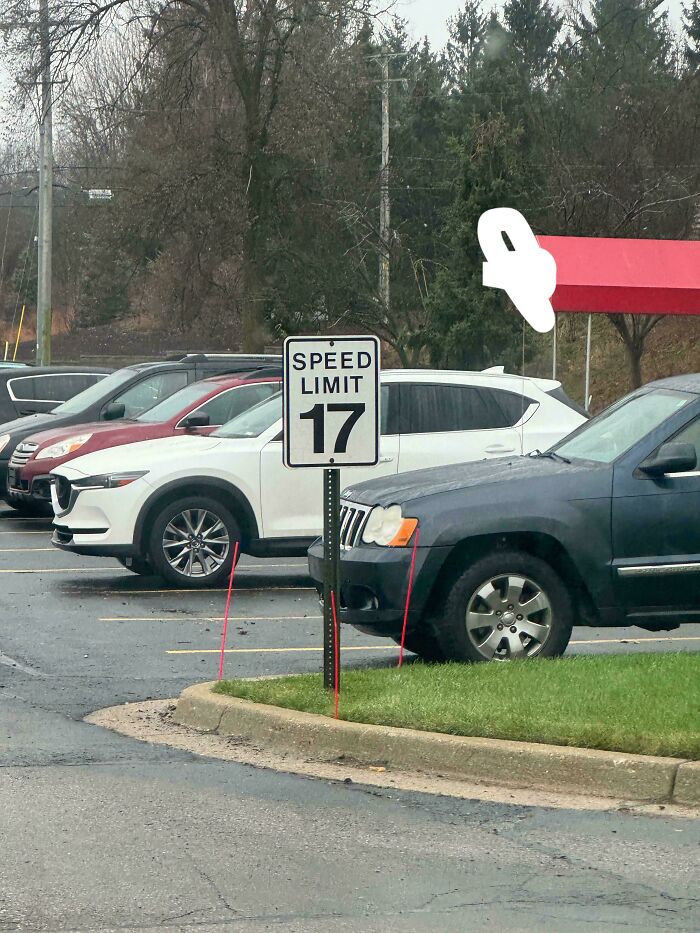 Parking lot with a confusing speed limit sign showing 17 mph, illustrating funny and confusing signs about bees.