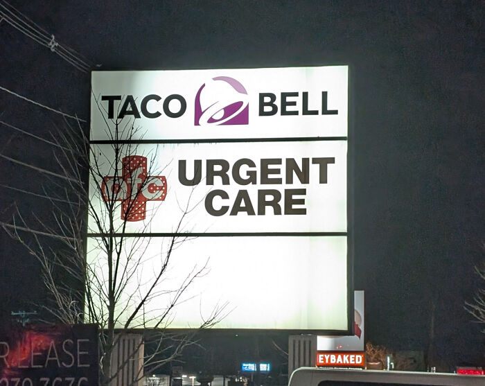 Taco Bell and urgent care signs combined, illustrating confusing and funny sign examples with bees theme.