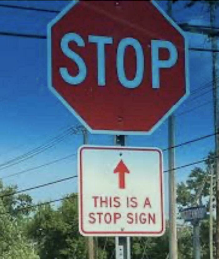 Stop sign with an additional confusing and funny sign explaining that it is a stop sign, featuring bees nearby.