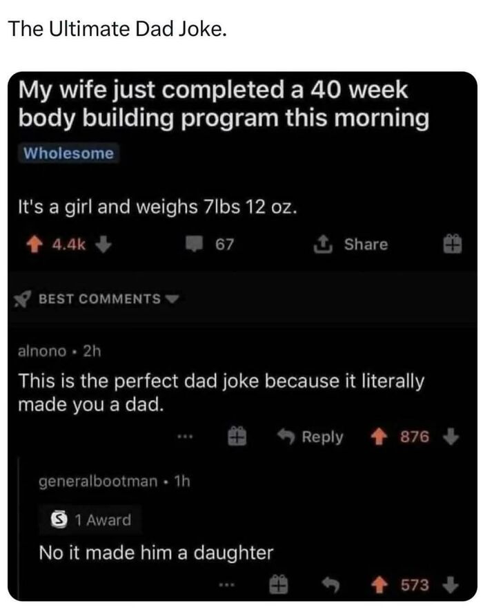 A funny Reddit post showing dad humor, featuring a dad joke about a wife's 40-week body building program resulting in a baby.