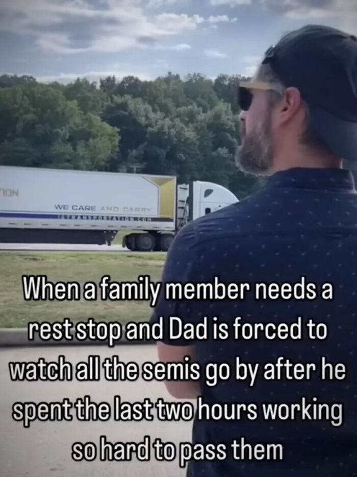 A dad in sunglasses and a cap, humorously frustrated, watches trucks pass. A funny post for dads.