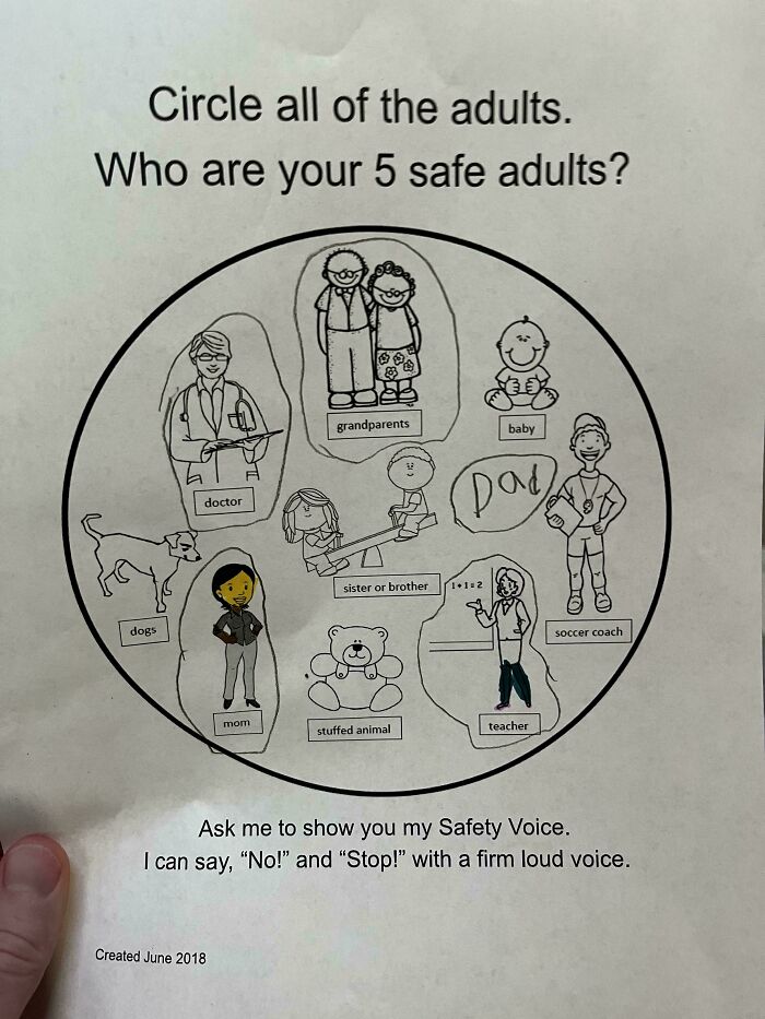 A safety worksheet for kids, showing a circle of figures including a dad, doctor, mom, grandparents, and teacher.
