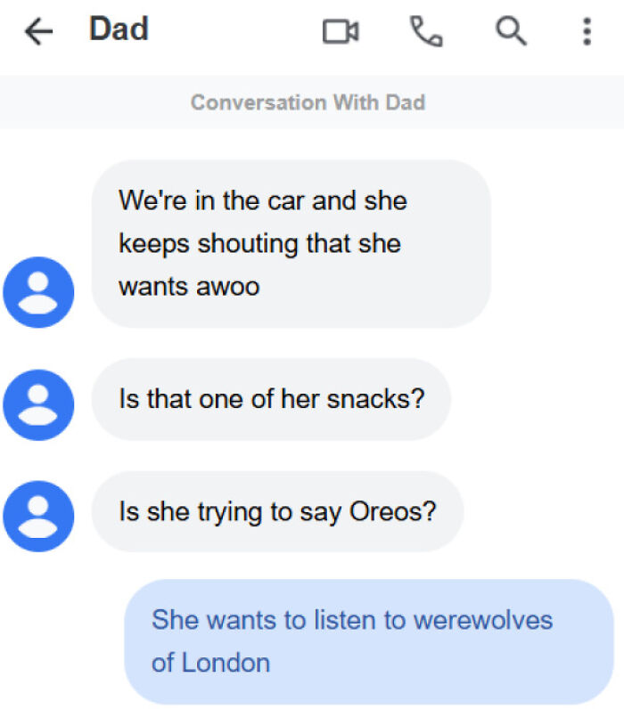 A humorous text conversation with Dads about a child shouting 'awoo' in the car, revealing she wants a song.