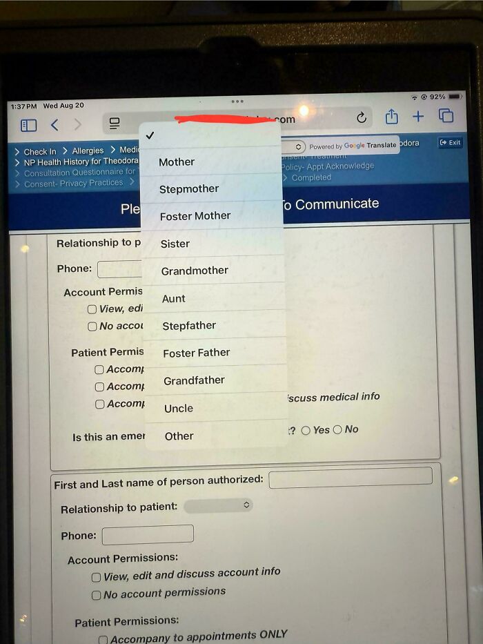 A tablet screen displaying a medical form with a dropdown menu open showing options like Mother, Sister, Grandfather, and Stepmother. The main SEO keyword from the article title, Dads, is not present in the image and therefore cannot be used.