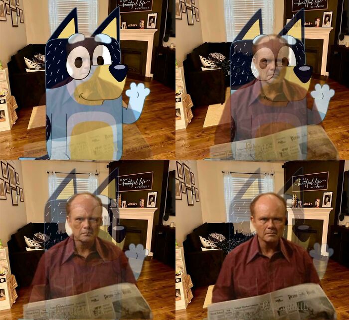 A four-panel image of a Bluey cartoon character fading to reveal a man reading a newspaper. Feel-good posts for dads.