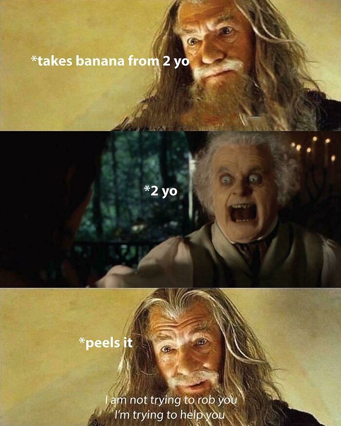 A Dads meme with Gandalf taking a banana from a screaming child and peeling it, with text "I'm not trying to help you."