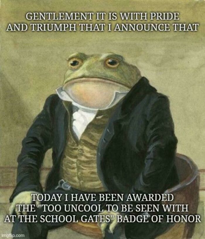A frog dressed in formal attire, proudly announcing an award. A great post for online community dedicated to dads.