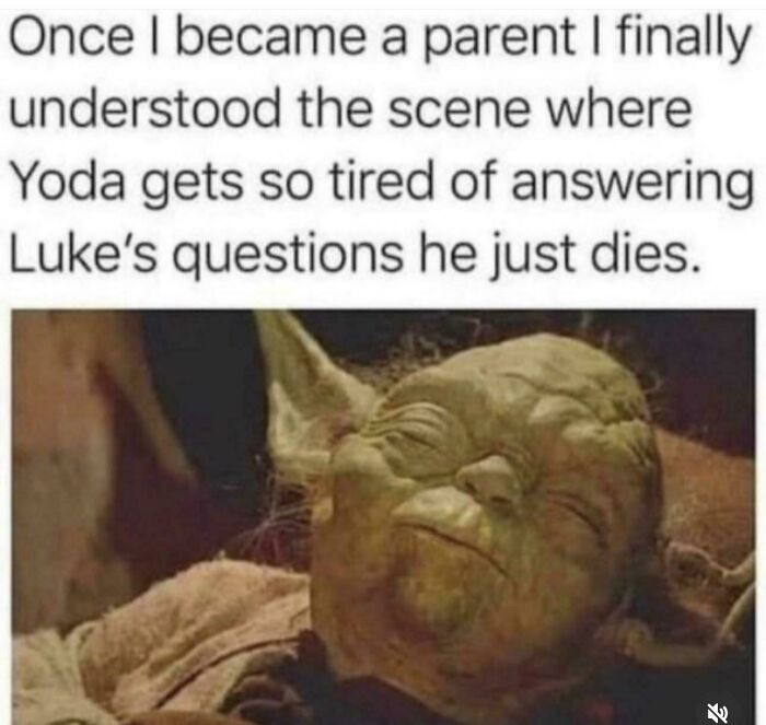 Yoda looking exhausted with closed eyes, relatable to dads experiencing parenting challenges and humor.