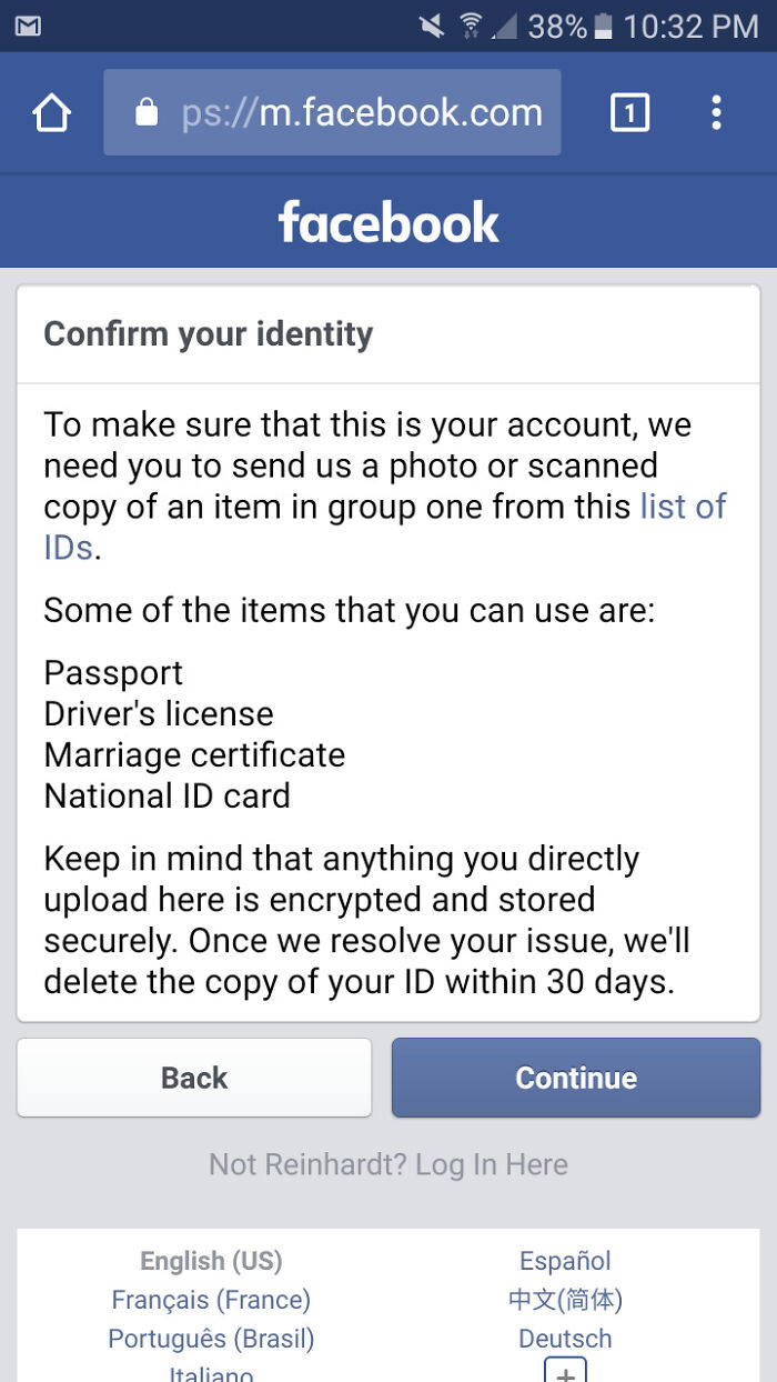 Facebook identity confirmation screen requesting photo ID upload, illustrating design that feels genuinely evil with intrusive requests.