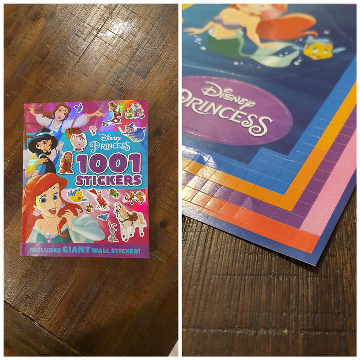 Disney Princess 1001 stickers book and colorful pixelated border design on a wooden surface, showing playful evil design elements.