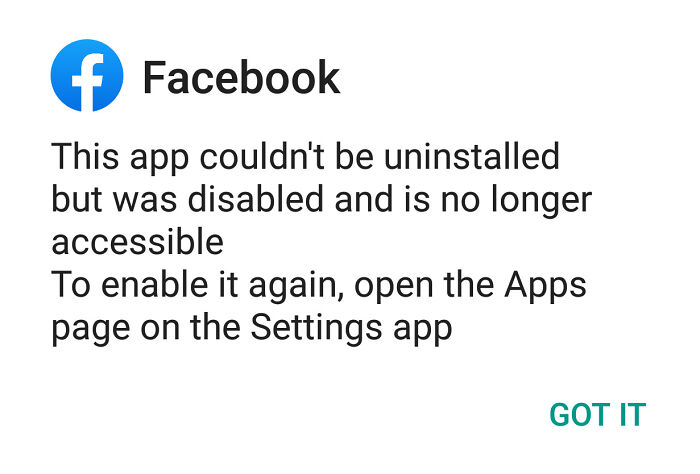 Facebook app disabled message on a phone screen illustrating design that feels genuinely evil with unwanted ads.