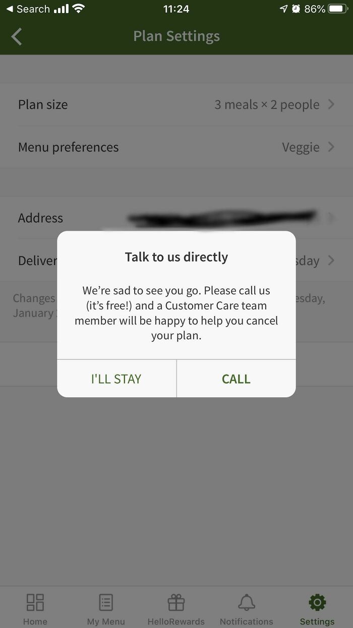 Popup on app screen uses manipulative design to prevent plan cancellation, an example of evil design practices.