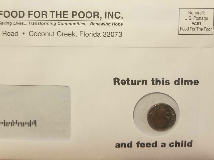 Charity envelope with a dime attached, using design that feels genuinely evil to pressure recipients to donate.