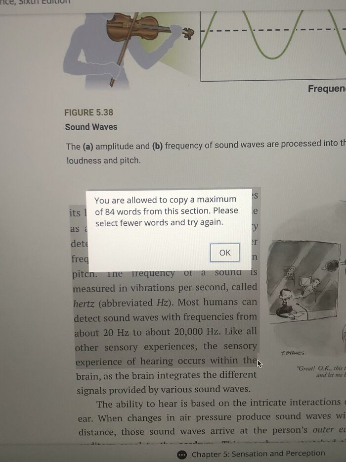 Popup message on a textbook page about sound waves restricting copy limits, illustrating frustrating design that feels genuinely evil.