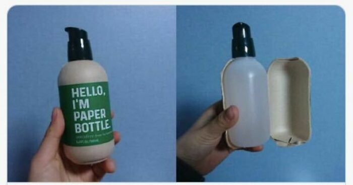 Hand holding a paper bottle with a hidden plastic container inside, an example of design that feels genuinely evil.