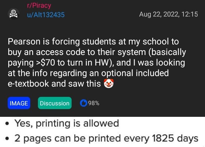 Screenshot of an online discussion showing a restrictive printing policy in an educational system, illustrating evil design.