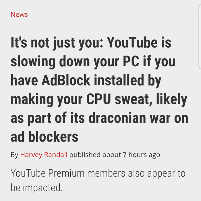 Article excerpt about YouTube slowing down PCs with AdBlock, illustrating design that feels genuinely evil in digital ads.