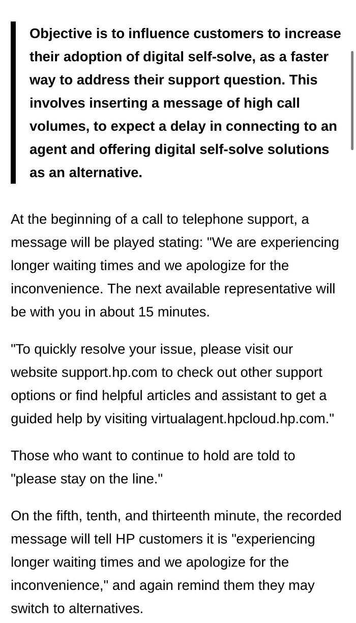 Text explaining design that feels genuinely evil by using high call volumes and delays to push digital self-solve solutions to customers.
