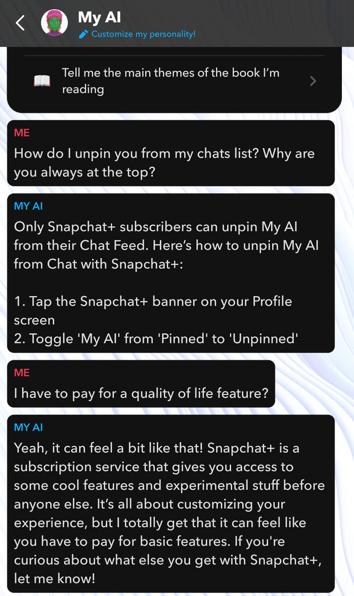 Chat conversation about Snapchat+ subscription and unpinning feature, reflecting design that feels genuinely evil with ads on cars.