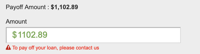 Loan payoff amount shown as $1102.89 with a warning to contact for loan repayment assistance.